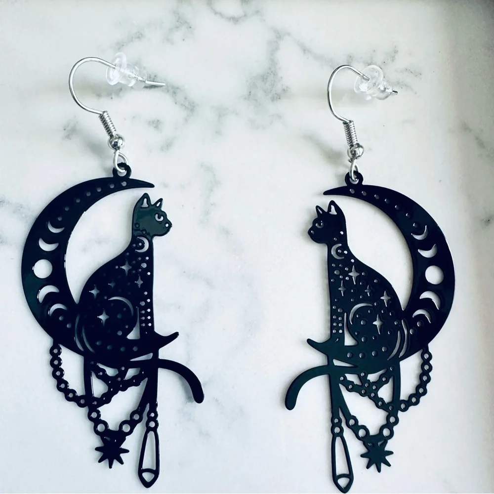 2/$30🌵 Black Cat Peekaboo Crescent Moon Earrings Cutout Spooky Halloween Goth - Picture 4 of 6